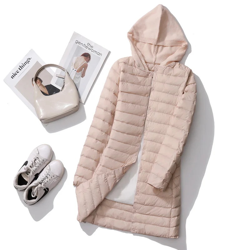 Autumn Winter Knitted Patchwork Hooded Down Coat Women Light Thin White Duck Down Jacket Parkas Ladies Warm Long Puffer Outwears