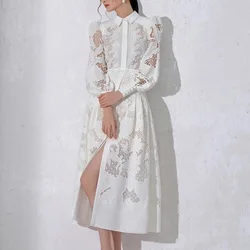 2023 New Luxury Women Lace Embroidery Dress Spring Summer Long Sleeve White Wedding Evening Party Hollow Out Vestido Dresses