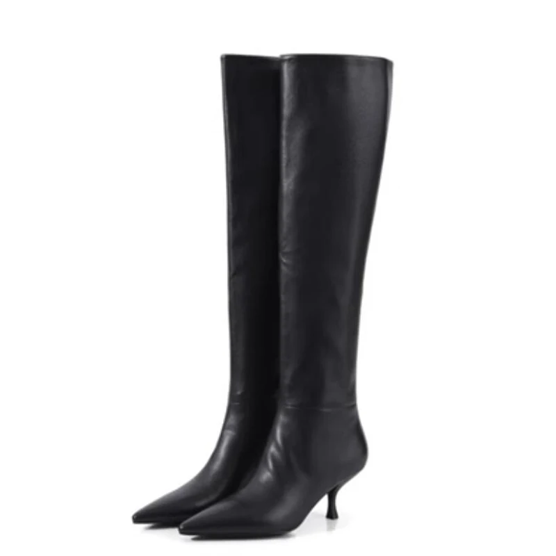 Designer Curve Cat heels Knee Boots Beige black Cow leather pointed toe Woman Stretch Slip on Knight Boots Shoes