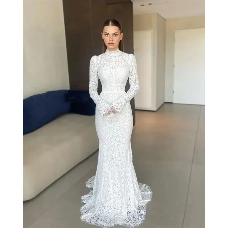 Vestidos De Novia De encaje completo, exquisitos, sexys, personalizados, sirena, mangas largas, huesos, elegantes, Vestidos De Novia