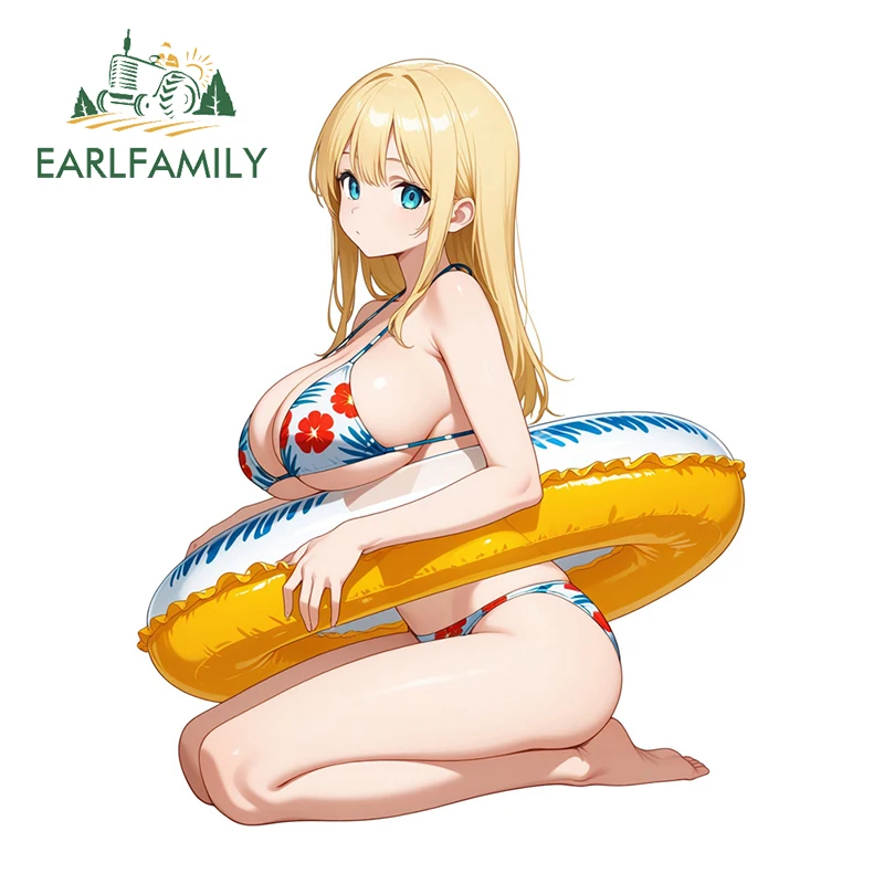 EARLFAMILY Summer Loli With Swimming Circle Stickers Beach Surfing Decal Anime Graphics Sticker Waterproof Sunscreen Decoration