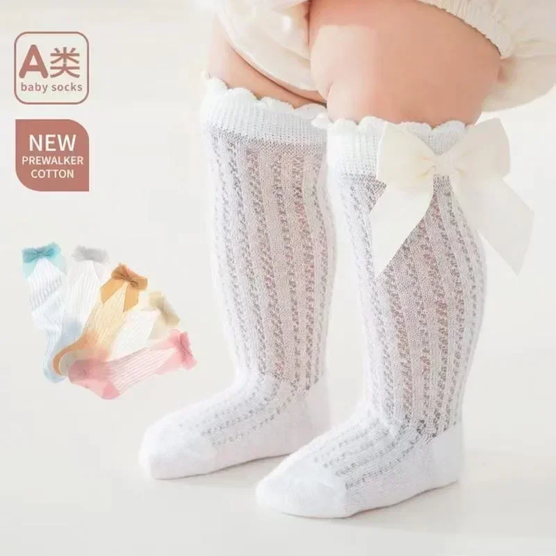 Sommer Ultra-dünne Mesh Socken Baby Mädchen Moskito Beständig Knie Socke Nette Neugeborene Rosa Schleife Hohl Baumwolle Baby Kleidung neue Geboren