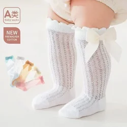 Calcetines de malla ultrafinos de verano para niña, calcetín hasta la rodilla resistente a mosquitos, bonito lazo rosa para recién nacido, ropa de algodón hueca para bebé recién nacido