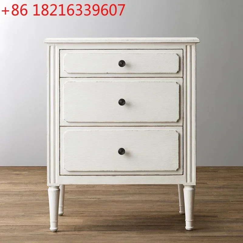 French Antique Solid Wood Three-Drawer Locker Bedroom Bedside Cabinet Small Side Cabinet