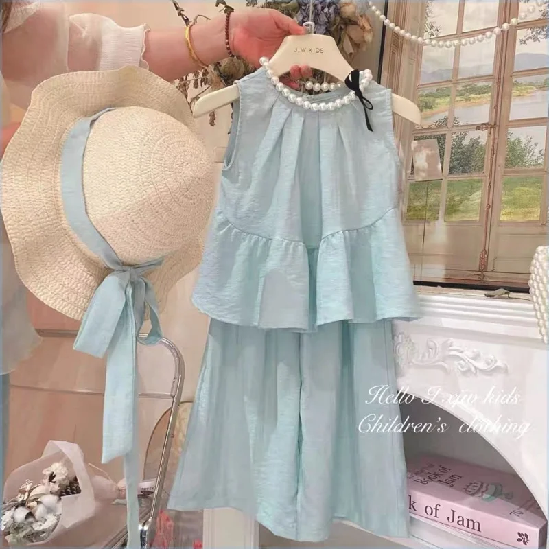 

2025Summer Girls' Children Sleeveless Ruffled Doll Shirt+Wide Leg Pants Two-Piece Suit with Hat for Free