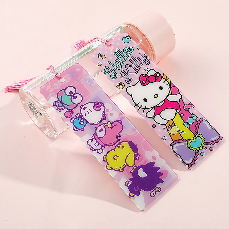 Sweet Cute Hello Kitty Sanrio Acrylic Bookmark with Pink Tassel 2 Sides Kitty Keroppi Melody Book Mark Birthday Party Gifts