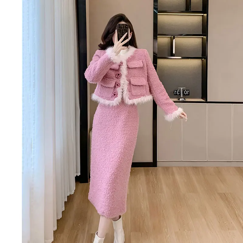 Pink women's coarse tweed 2-pcs set jacket+skirt 2026 new winter small fragrant style thickened set