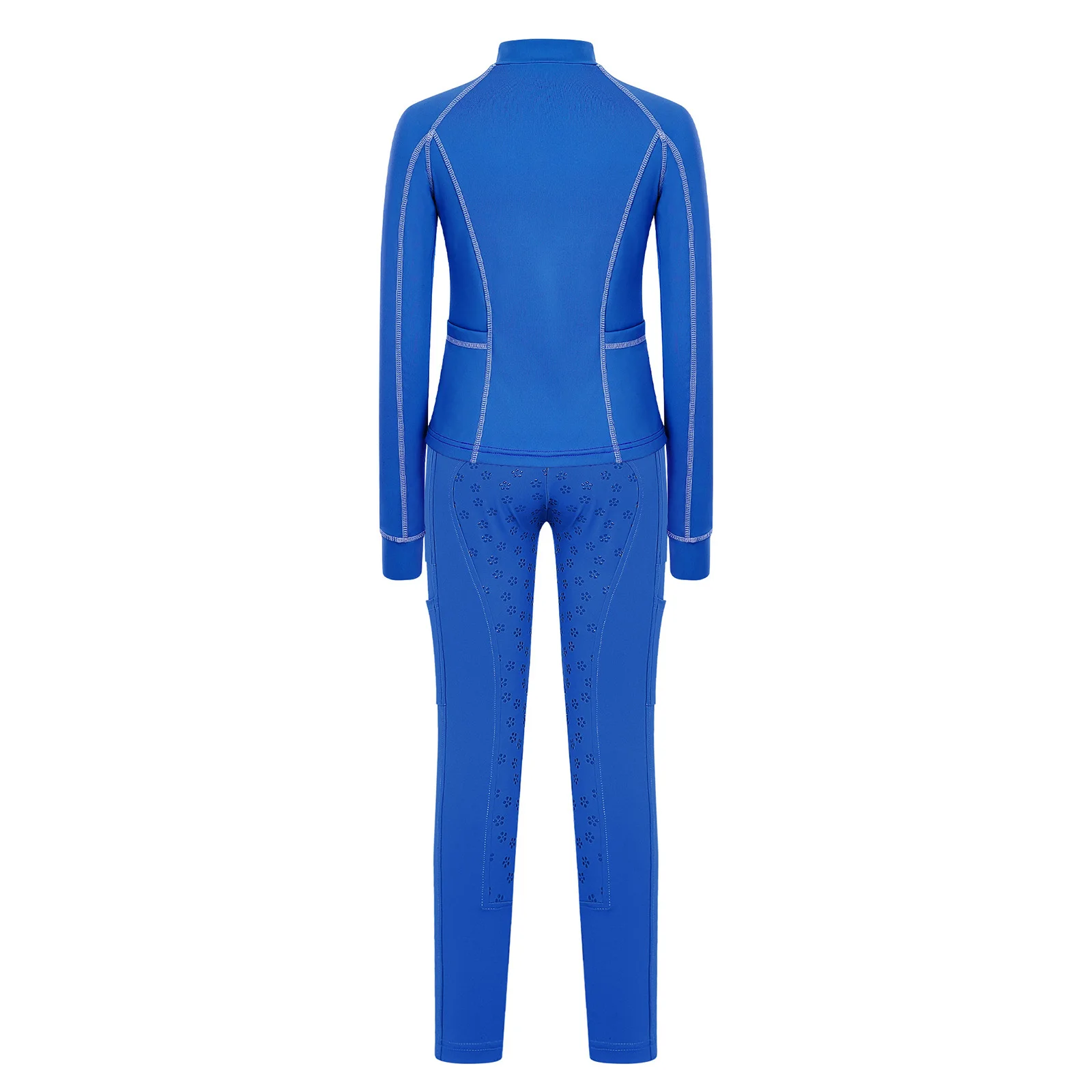 Kids Girls Horse Riding Outfit Stand Collar Long Sleeve Thumb Holes Zip Up Full Seat Breeches Stretchy for Riding Training