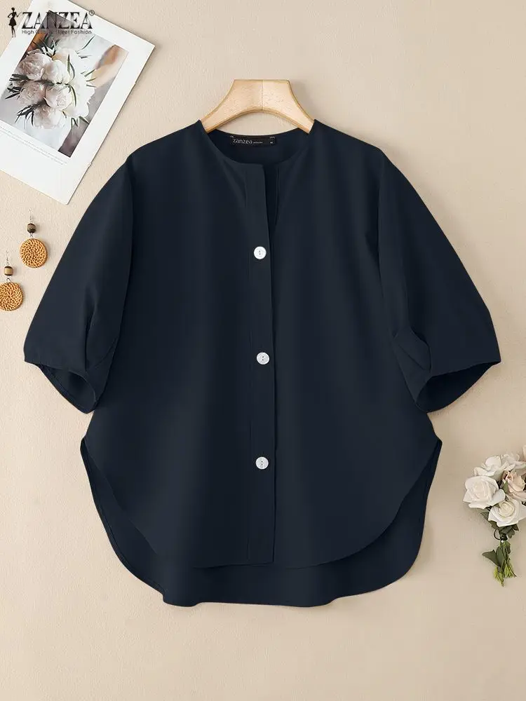 

ZANZEA Fashion Shirts Women Half Sleeve Casual Buttons Elegant Office Lady Blouse 2025 Summer Puff Sleeve Loose Solid Tunic Tops