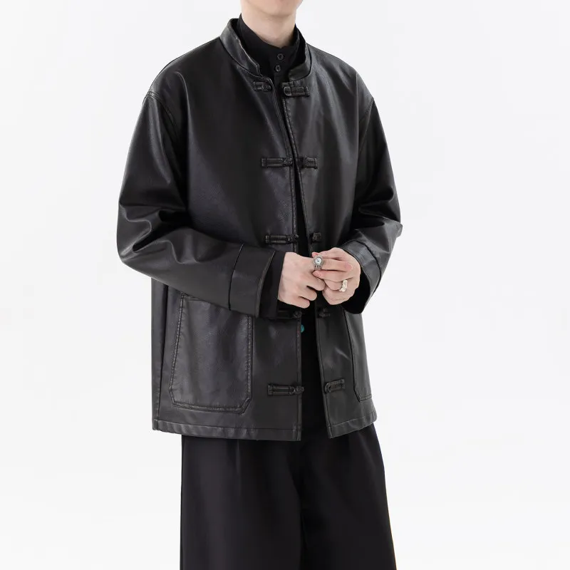 

Retro Sle Loose Fit Pure Color Hanrted Leather Jaet for Men And Women Traditional Chinese Tang Suit Coat with Button ...