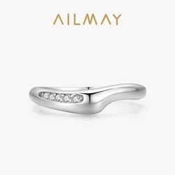 Ailmay Real 925 Sterling Silver Clear Zircon Personality Fashion Finger Ring For Women Simple Design Fine Hypoallergenic Jewelry