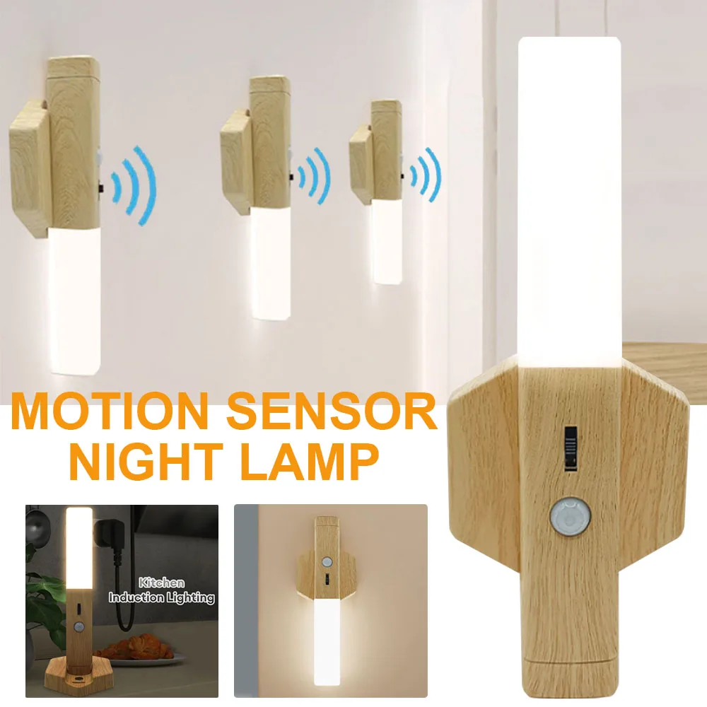 LED Wood Night Light Magnetic Motion Sensor Wall Lamp Kitchen Cabinet Closet Light Home Stairwell Bedroom Bedside Lighting