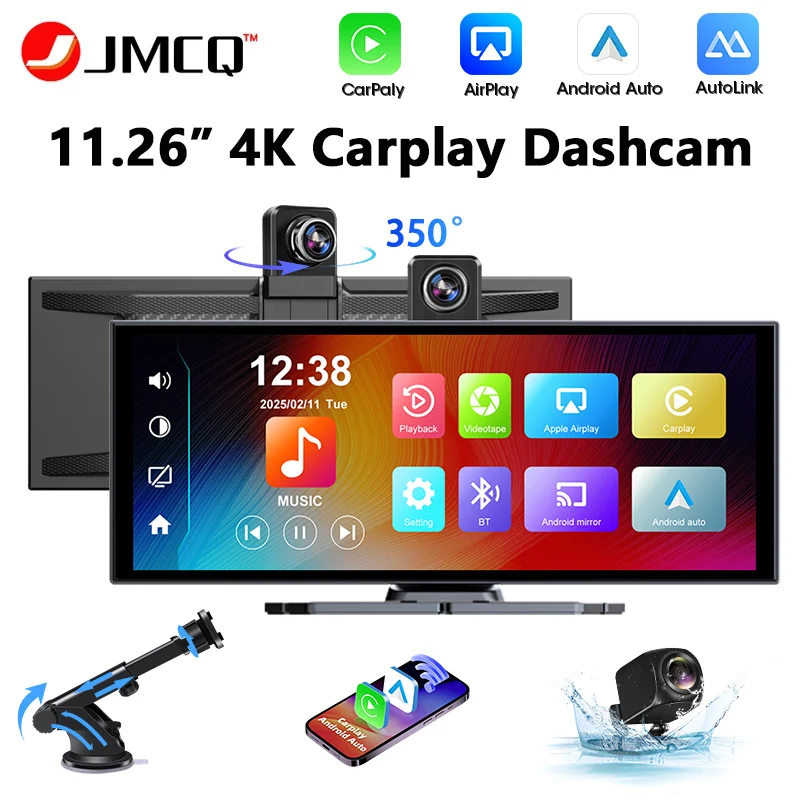 

JMCQ 11.26" Car Monitor DVR 4K Camera Dash Cam Wireless Carplay Android Auto BT GPS Navigaion Dashboard Video Recorder FM AUX