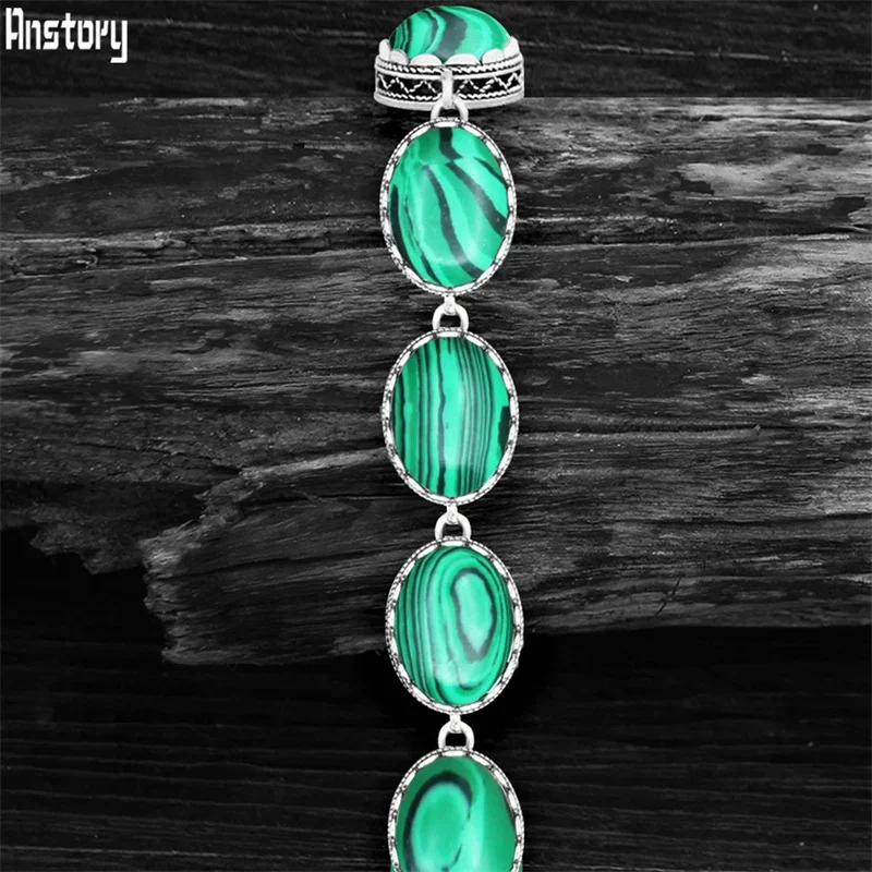 Oval Synthetic Malchite Strand Bracelets For Women Antique Silver Plated Vintage Look Fashion Jewelry TB325