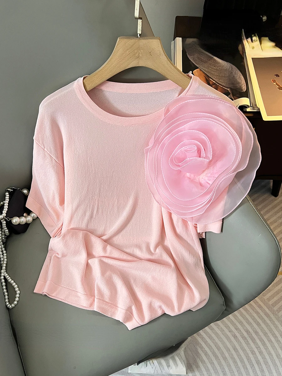 2024 Summer Chic All-match Slimming Three-Dimensional Flower Round Neck Knitted Short-Sleeve T-shirt Women's Solid Color Tops