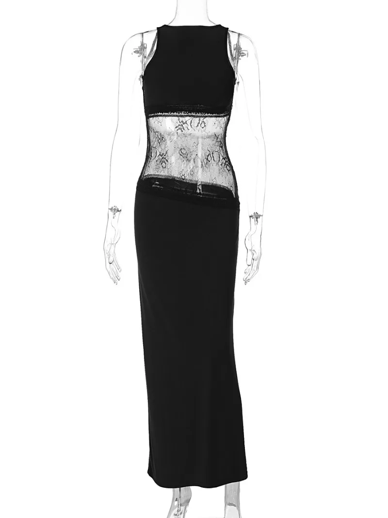 Woman\'s Elegant Sleeveless Lace Patchwork Evening Dress Black High Street O-neck Backless Hollow Out Slim Long Party Dresses
