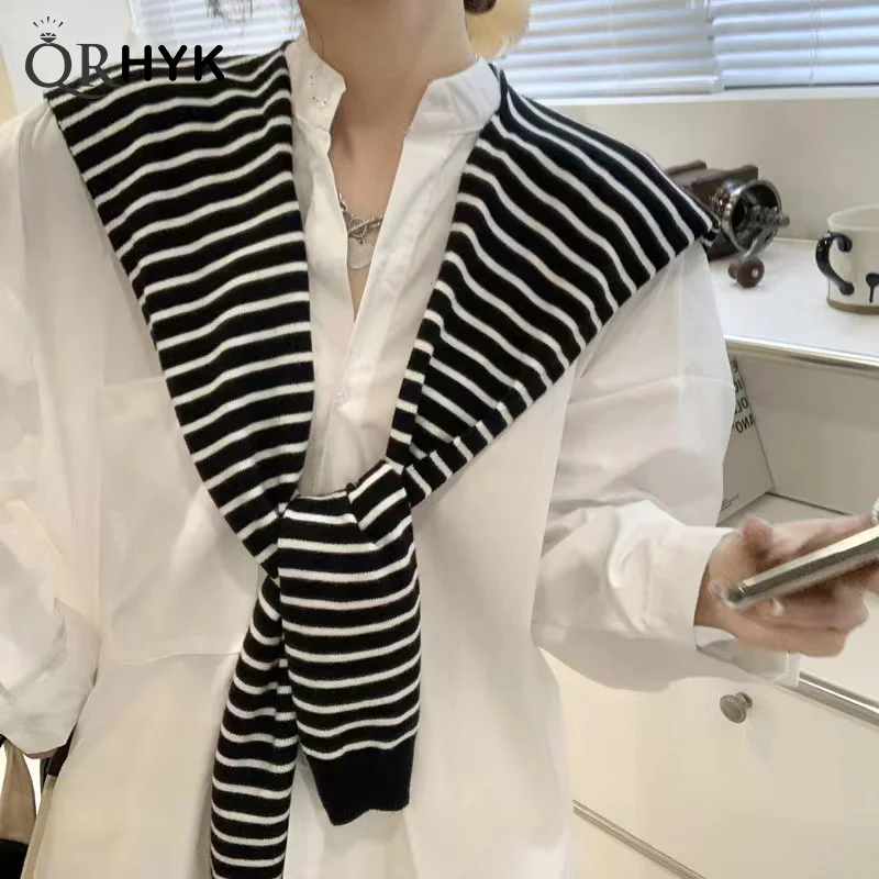 

Women Blouse Shoulders Korean Style Knitted Shawl Fake Collar Cape Knotted Scarf Stripe Neck Guard Scarve Clothes Decoration