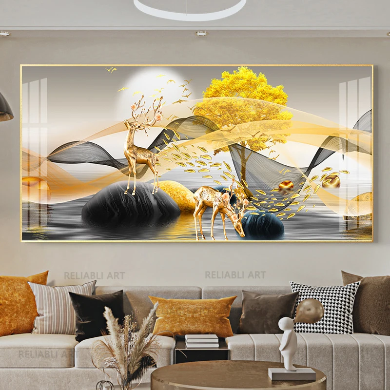 1PC frameless Chinese Feng Shui Golden Rich Tree Canvas Painting Wall Art Deer Landscape Lucky Stone Posters Wall Art for Living