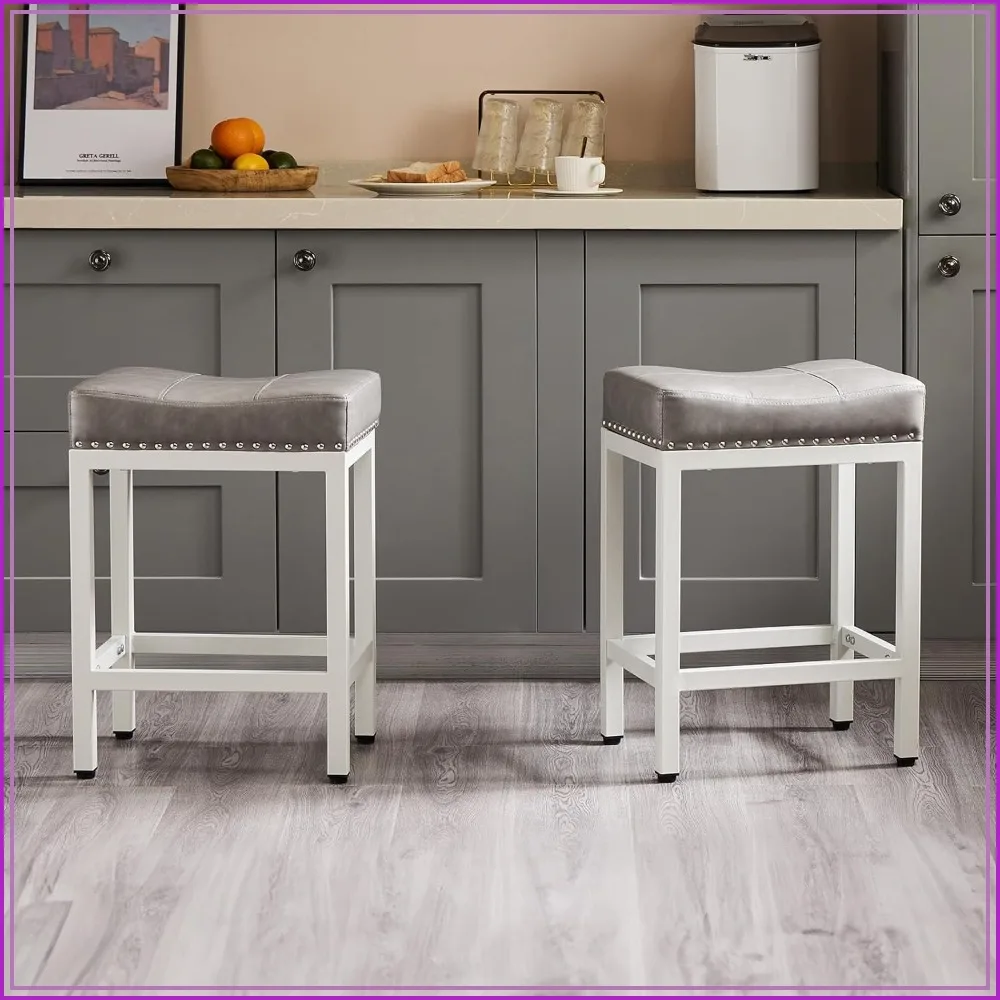 

24 Inch Bar Stools Set of 2, Counter Height PU Leather Saddle Stools with Metal Base and Footrest for Kitchen Island, Home Bar, Small Apartment, Grey