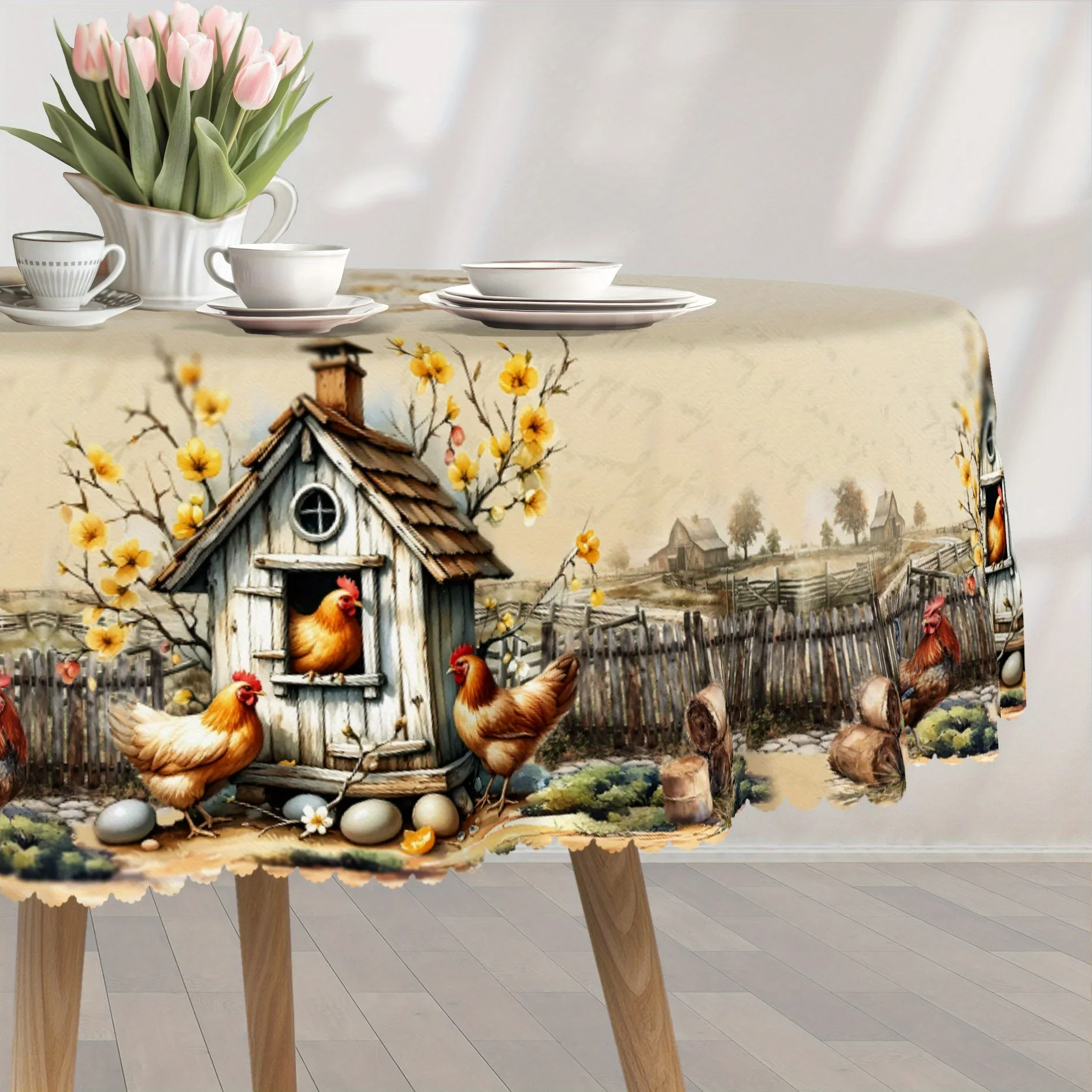 Rural style tablecloth, featuring chicken coop, hens and roosters patterns, suitable for farm-themed decorationxzj