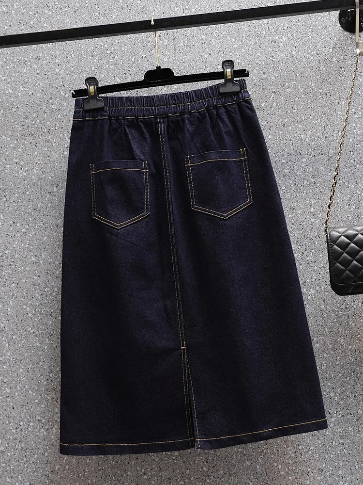 تنورة دينم مرنة باللون الأزرق الداكن بخصر عالٍ على شكل حرف A تنانير صيفية نسائية غير رسمية بخصر عالٍ مزيج من القطن العتيق #3