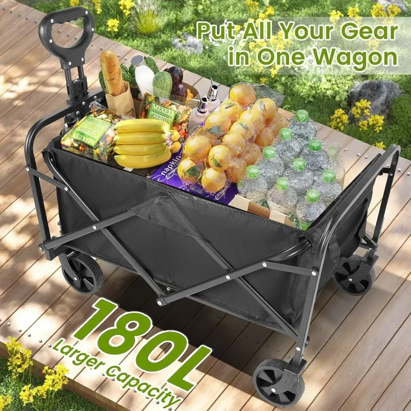 Foldable Heavy Duty Utility Wagon Cart All-Terrain Wheels with Cup Holders Portable Beach Grocery Storage Trolley