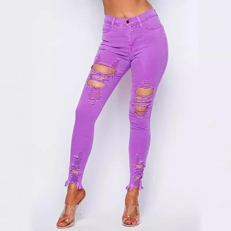 High-waisted Stretch Ripped Slims Jeans Women's Fashion Cross-border Best Seller Product Smooths Your Silhouette