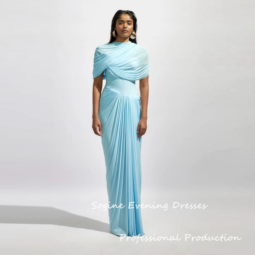 Vestidos de noite formais personalizados chiffon bainha vestido de baile gola alta plissado manga boné dia dos namorados longo vestido de cocktail