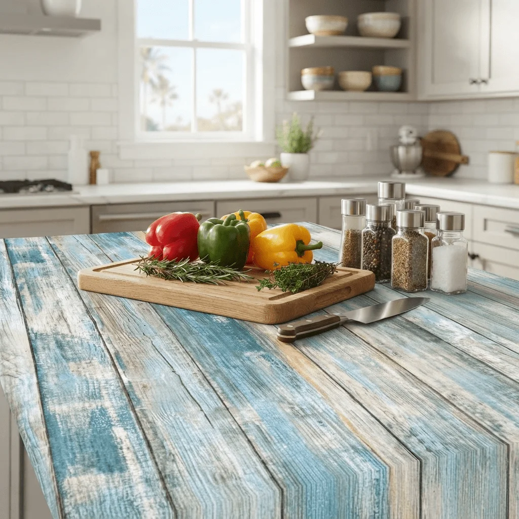 Coastal Blue White Weathered Wood Peel & Stick Wallpaper, Waterproof Contact Paper for Cabinet Furniture DIY Refurb Decor