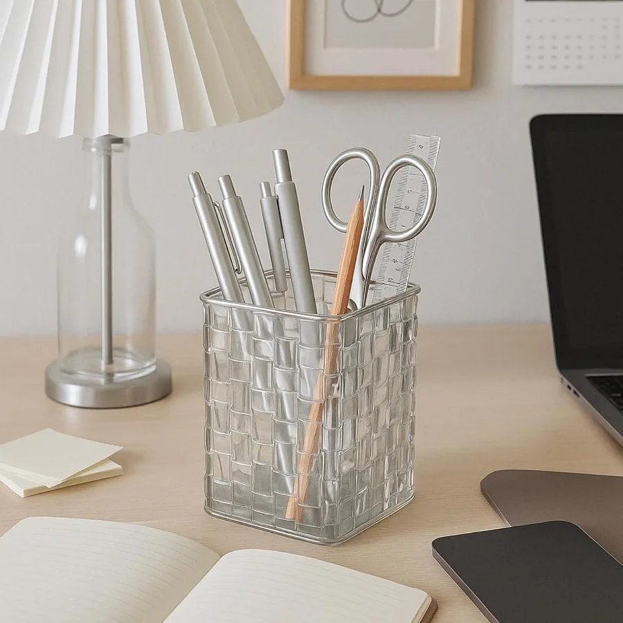 حامل أقلام أكريليك، حامل فرشاة مكياج شفاف مع نسيج منسوج، حامل قشرة أنيق شفاف لعلبة تنظيم كأس القلم المكتبي #5