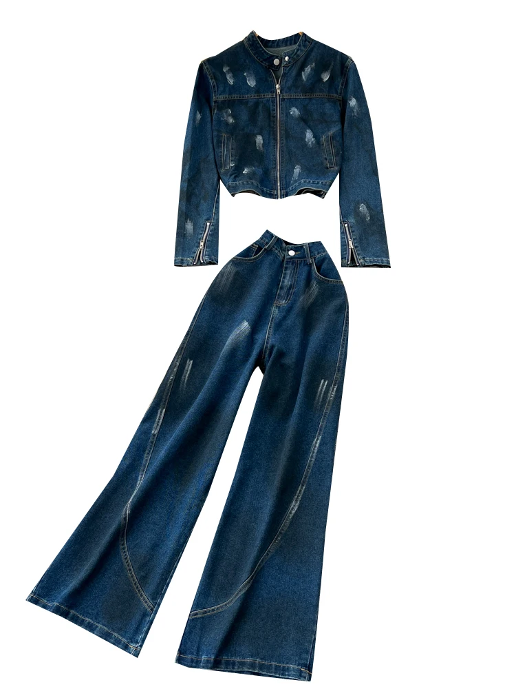 Conjunto de Jeans de Cintura Alta com Corte Reto e Jaqueta de Denim de Manga Curta para Mulheres, Estilo Casual de Outono