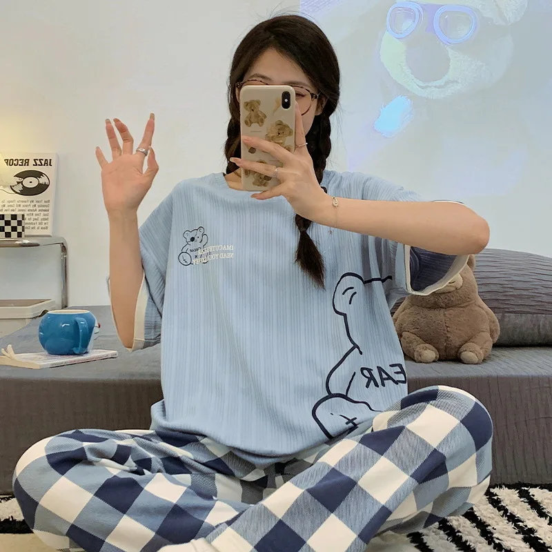 Summer Women's Thin Cotton Pajamas Round Neck Short Sleeve Pants Cute Cartoon Home Clothing Set Sweet Girls Oversized Sleepwear