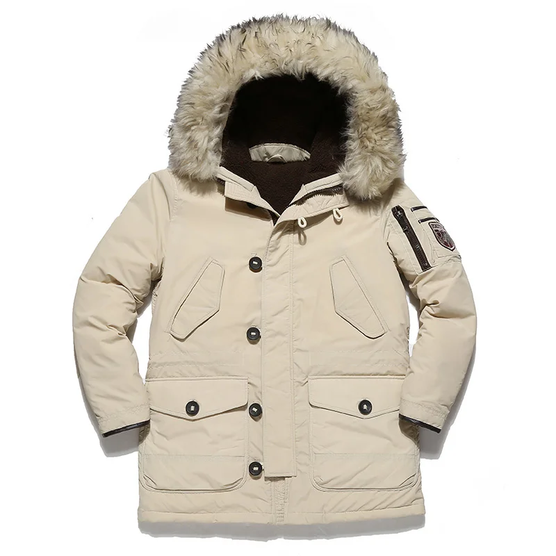 Parka de plumón con cuello de piel para hombre, chaqueta de plumón de pato militar, abrigo grueso de felpa medio largo, múltiples bolsillos, Invierno