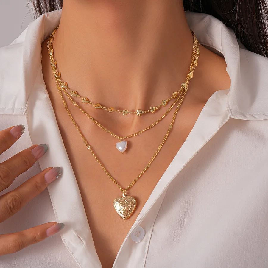 Multi-Layer Openable Heart Metal Pendant Necklaces for Women Imitation Pearl Classic Thin Chains Necklace Trendy Party Jewelry