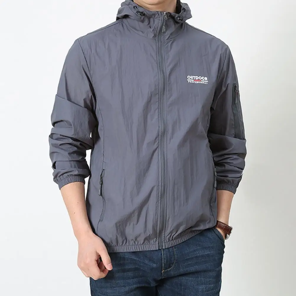 Men Summer Sun Protection Coat Hooded Drawstring Long Sleeve Anti-UV Jacket Letter Print Zipper Placket Windbreaker