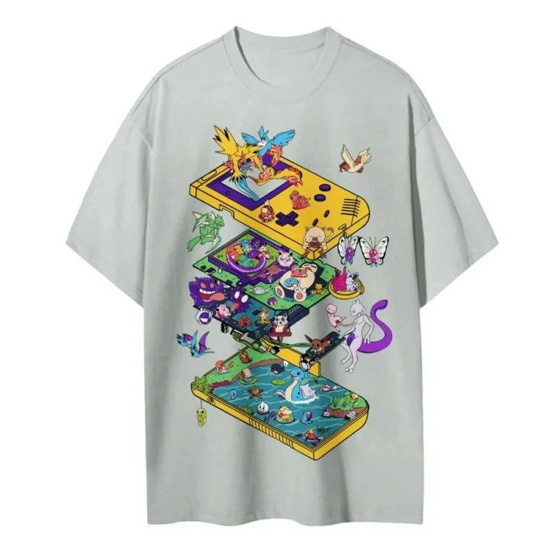 2026 Zomer Pokemon Retro Game Console Cartoon Print T-shirt, 100% katoen losse T-shirt voor koppels en gezinnen voor reizen, spelletjes en sport