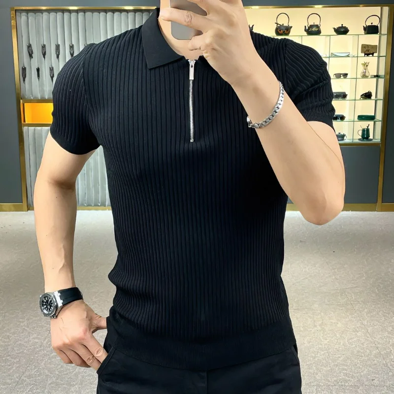 Summer Men Short Sleeve Knitted Zipper T-shirt Basic Male Clothes Slim Polo Shirts Fashion Business Casual Versatile Solid Tops