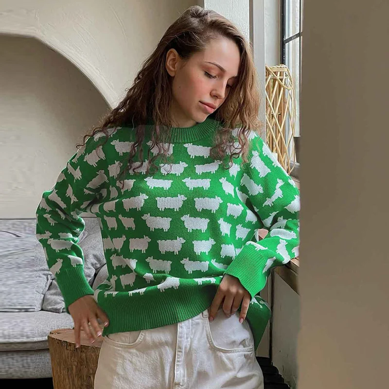 Mscsz Dierenprint Trui Vrouw 2024 Nieuw In Breigoed Mode Casual Oversized Trui Trui Y 2K Gebreide Trui