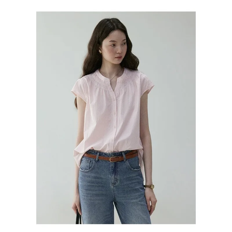 

Womens Summer Pink Round Neck Flying Sleeve Loose Pleated Shirt