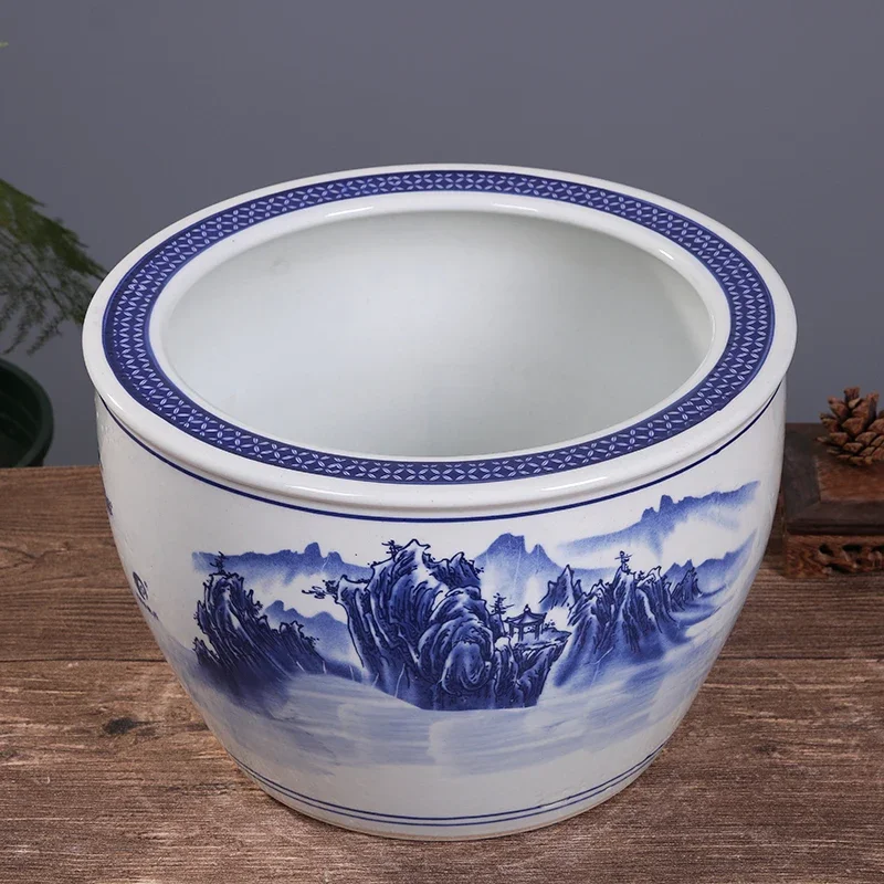 8 Inch Porcelain Plant Pot Outdoor Blue and White Tree Big Ceramic Fishbowl Planter Vintage Pottery Planter Pots Flower Chinese