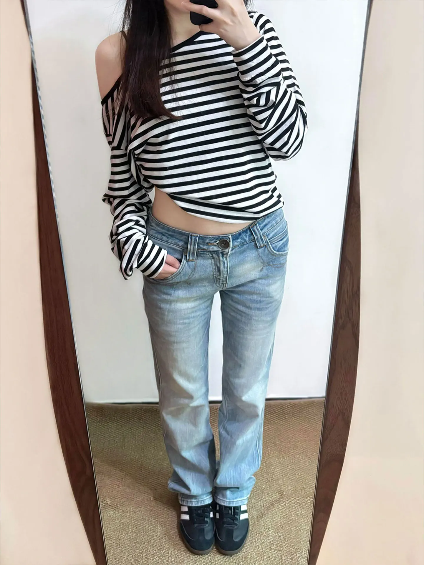

Spicy Girl Small Size Washed White Jeans Flared Pants Women Summer Pleated Non-Matching Leggings Elastic Flared Long Trousers