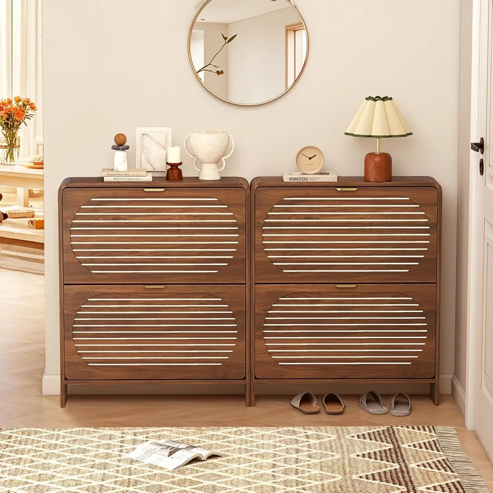 منتج عالي الجودة خزانة تخزين الأحذية الضيقة للمدخل مع درجين قابلين للطي، خزانة أحذية خشبية قائمة بذاتها مع شريط مقوس P #6