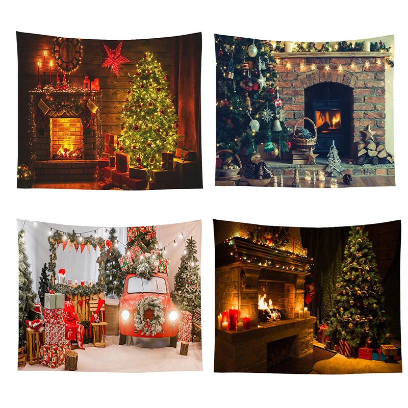 59x79 inch Wall Christmas Colorful Tapestry Backdrop Xmas Santa Claus Reindeer Tree and Fire Place for Background Wall Hanging