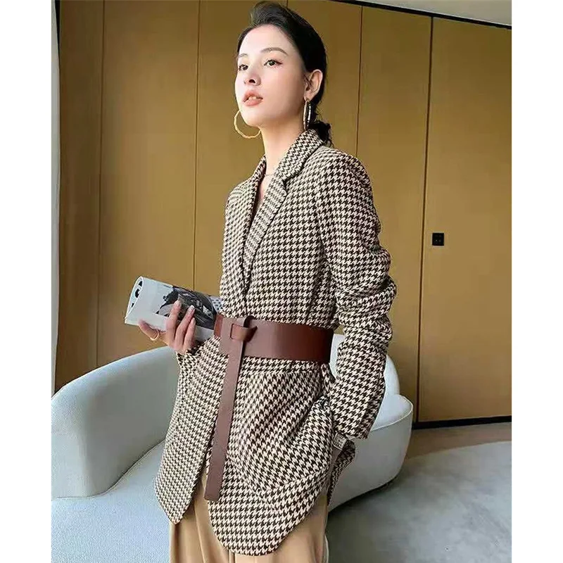 Spring Female Long Sleeved Blazer Outwear Korean Ladies Thousand Bird Plaid Woolen Tops Autumn Women Fashion Pocket Suit Jacket