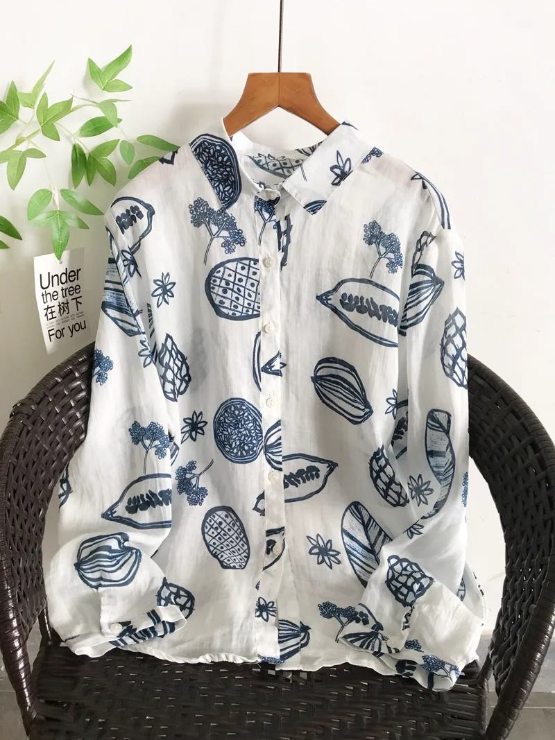 

2025 Original pure ramie linen print shirts long sleeve blouses for women breathable art print shirts lady clothes
