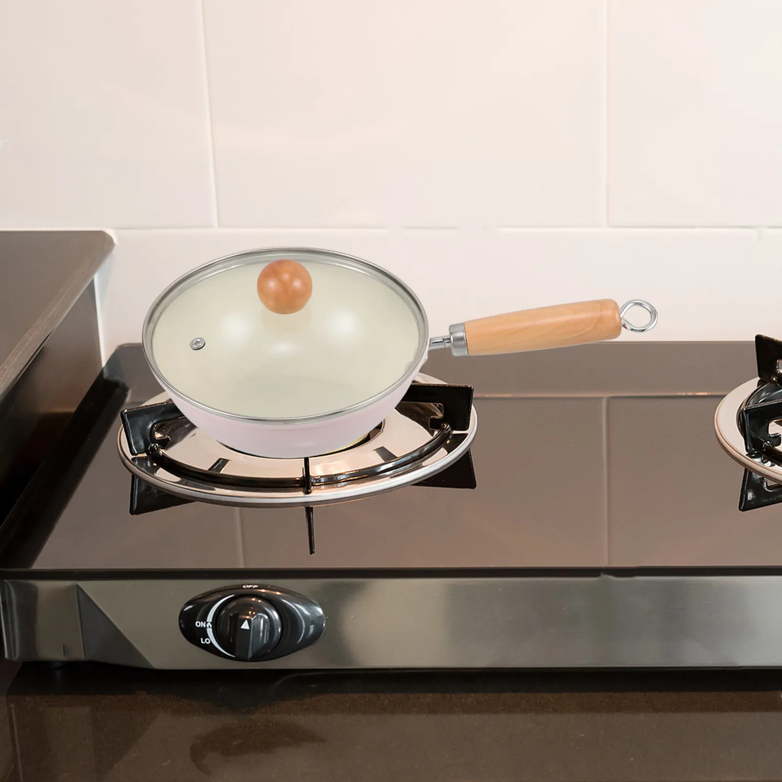 Small Nonstick Iron Wok with Wooden Handle Clear Glass Lid for Gas Induction Cooktops Even Heat Distribution Versatile Frying