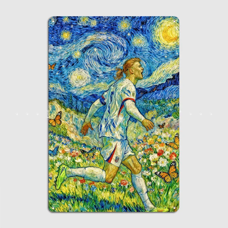 Erling Haaland in Starry Night Field Retro Poster Metal Posters Sign Indoor Outdoor Room Decoration Home Bar Decor Wall Decor