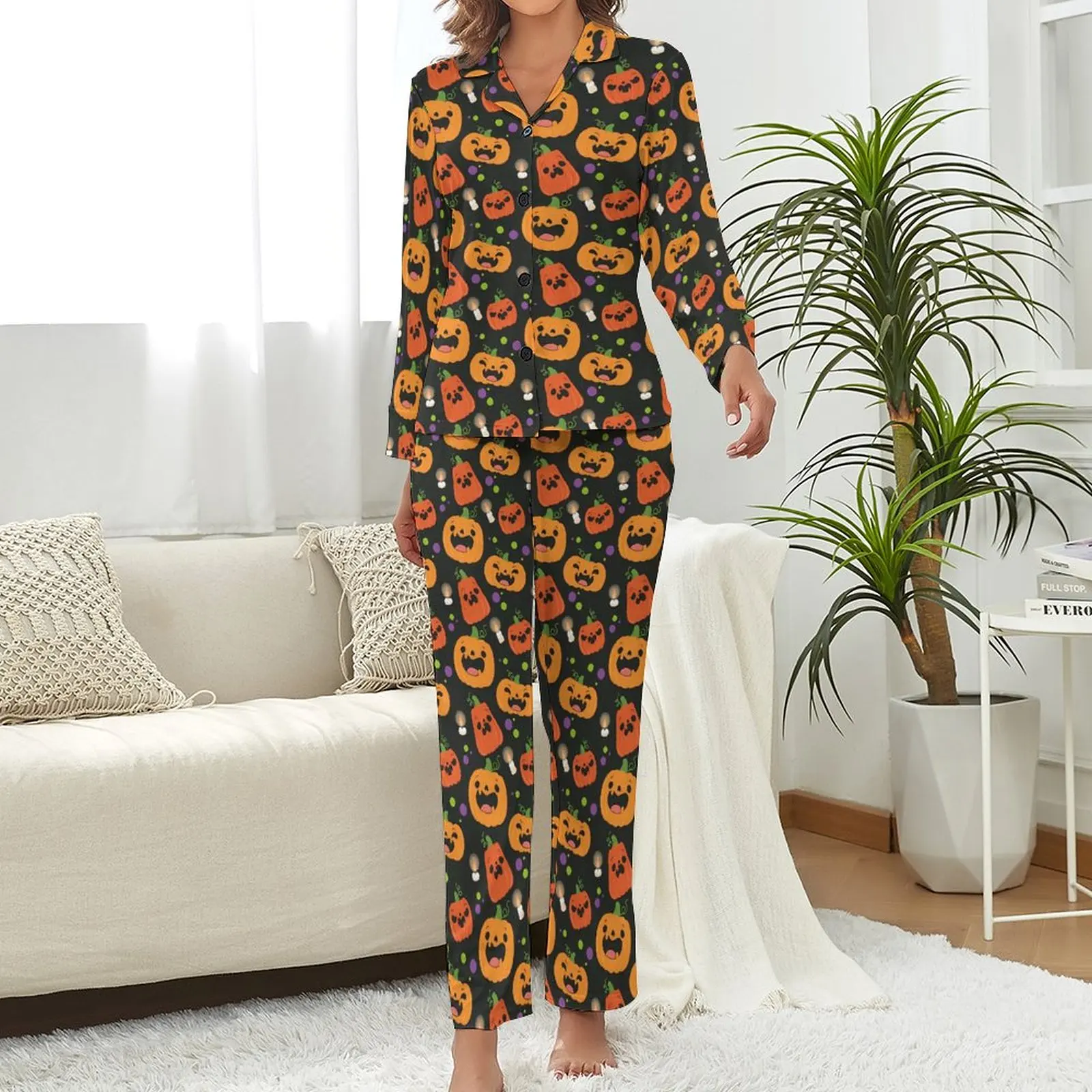 Cute Pumpkin Pajamas Long-Sleeve Spooky Halloween 2 Pieces Casual Pajamas Set Daily Woman V Neck Retro Sleepwear