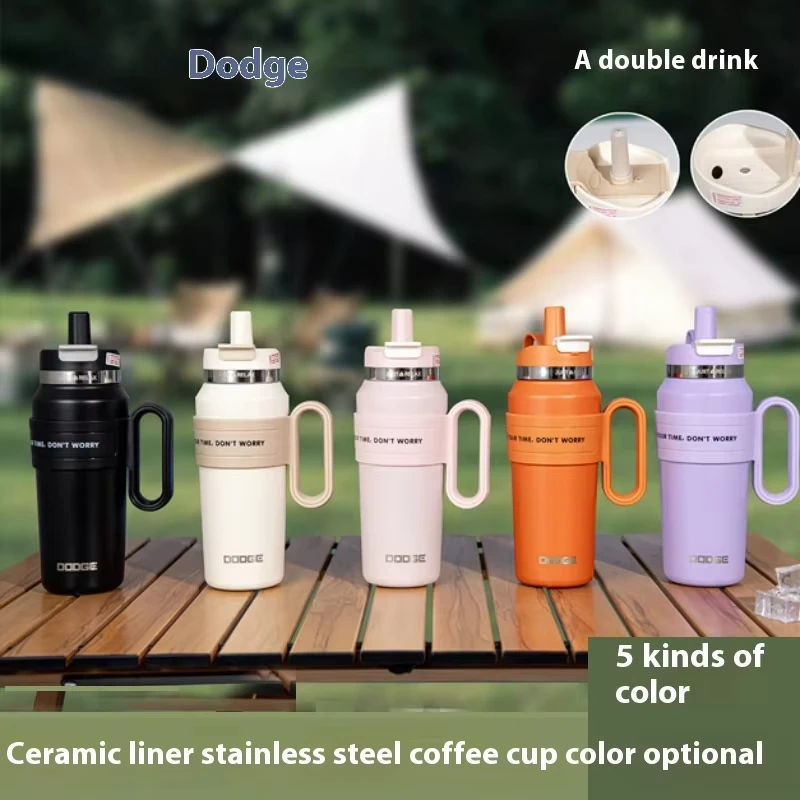 Dodge 900ML Comfortable Double Drink Thermos with Lid Straw Cup Spray Ceramic Liner Stainless Coffee Large Capacity Coffee Cup