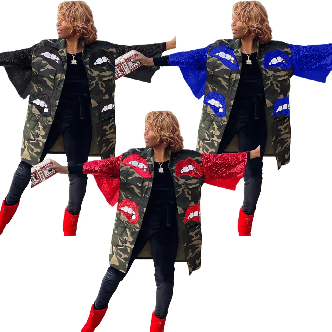 

Jacket Women Autumn Long Sleeve Camo Outwear oversize Ladies Fall Coat button Pocket stand collar sequin camo jacket